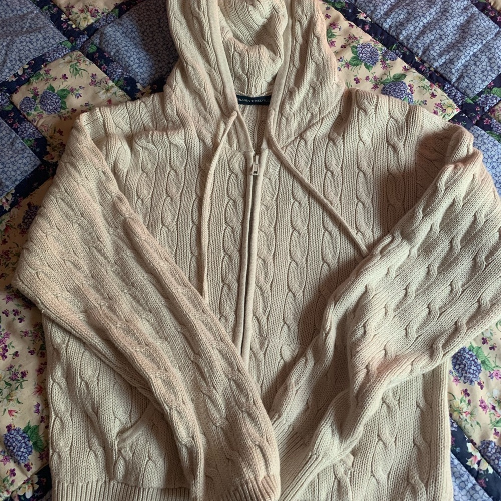Brandy Melville Ayla Cable Knit Zip Up Sweater Cream